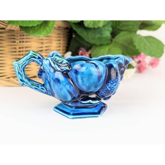 Indigo Blue Ceramic Footed Creamer Pitcher Embossed Fruit Grapes Leaves Inarco - Picture 2 of 8